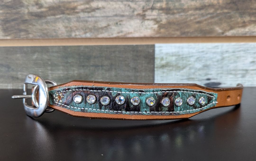 USED Amish Leather Dog Collar with Clear Rhinestones 11" Dark Oil with Green