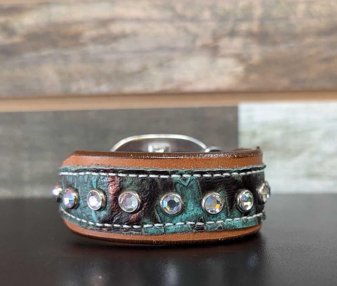 USED Amish Leather Dog Collar with Clear Rhinestones 11" Dark Oil with Green