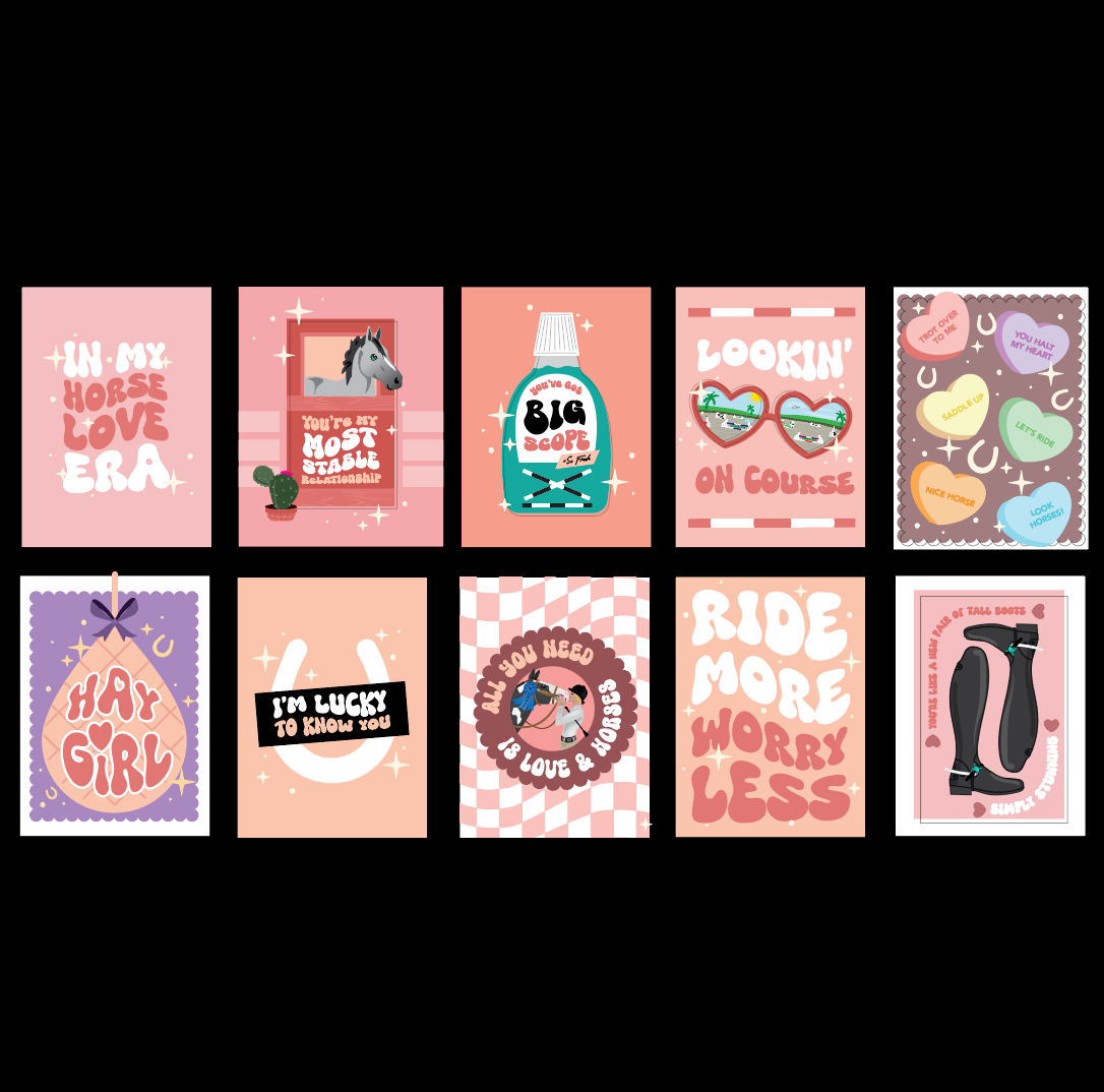Retro Equestrian Valentines Postcards - Set of 10