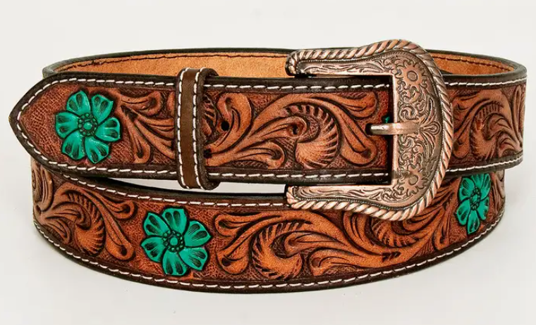 Turquoise Flower Hand Painted Cowhide Leather Adult Belt