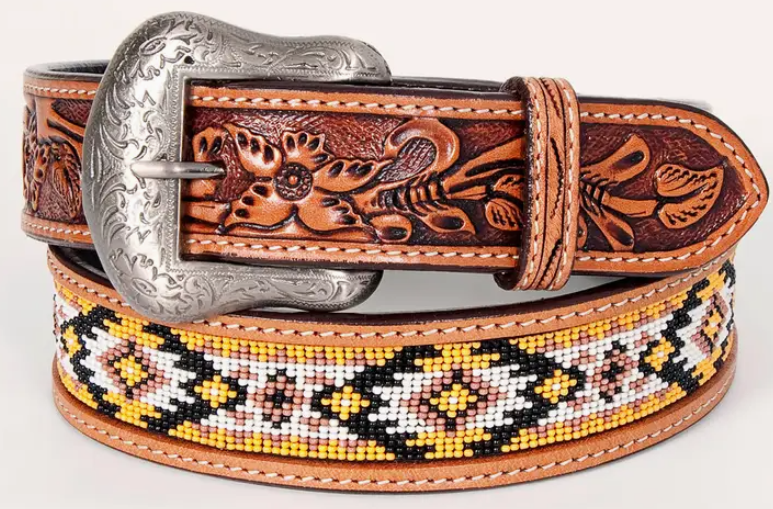 Natural Floral Beaded Designs Hand Carved Western Leather Adult Belt Tan