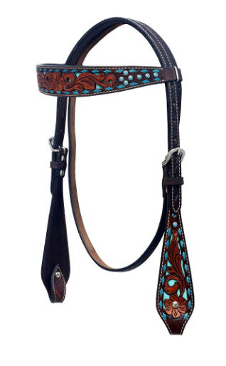 Hilason Western Floral Hand carved Headstall with Turquoise Buckstitch