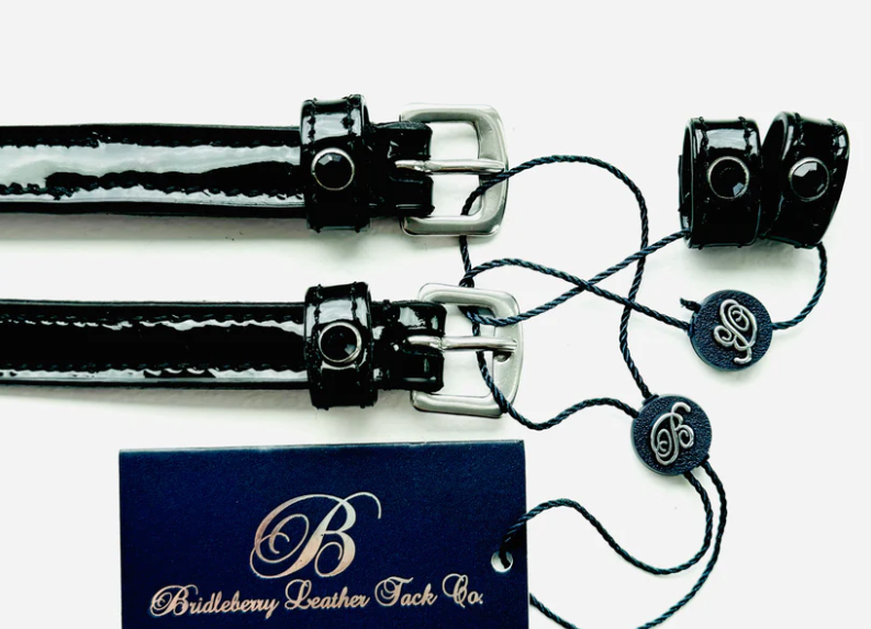 Bridleberry Full Grain Patent Leather Spur Straps in Black w/ Stainless Steel Buckle w/gems