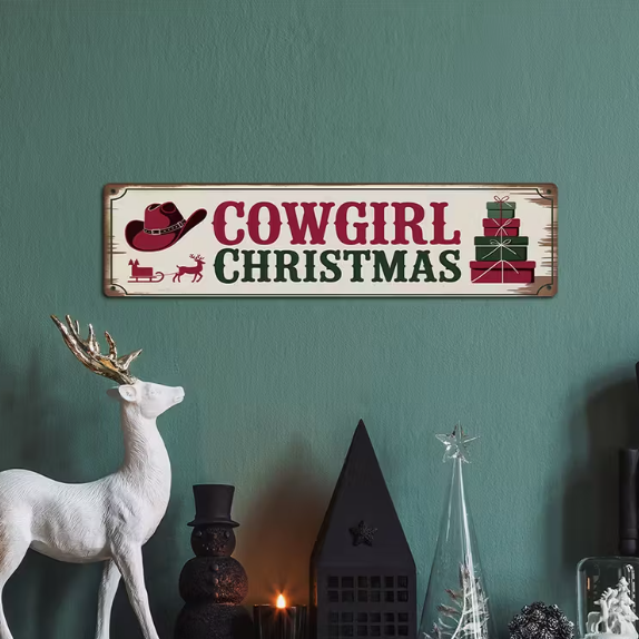 Vintage Western Christmas Metal Tin Road Sign