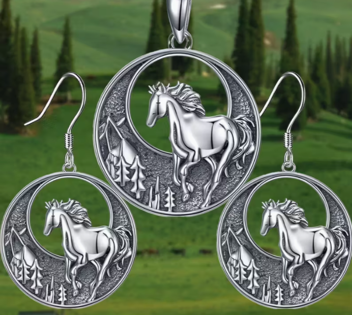 3 pc Set Horses Galloping in Forest - Necklace and Earrings