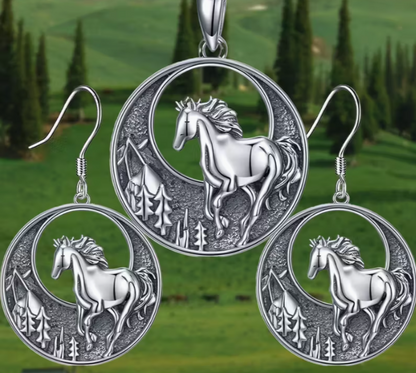 3 pc Set Horses Galloping in Forest - Necklace and Earrings