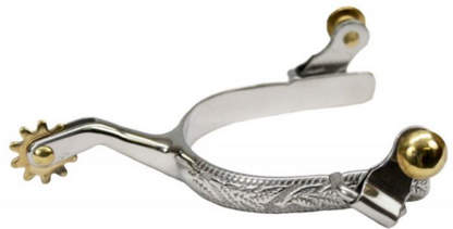 Showman stainless steel ladies size engraved spurs with brass rowels