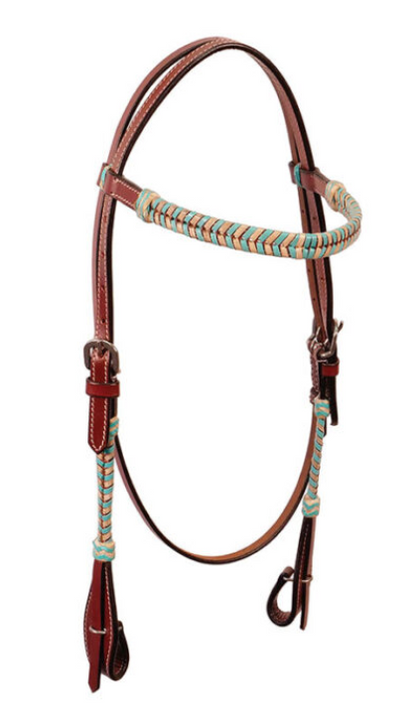 Buffalo Leather Headstall w/Browband w/Natural + Turquoise Laced Rawhide