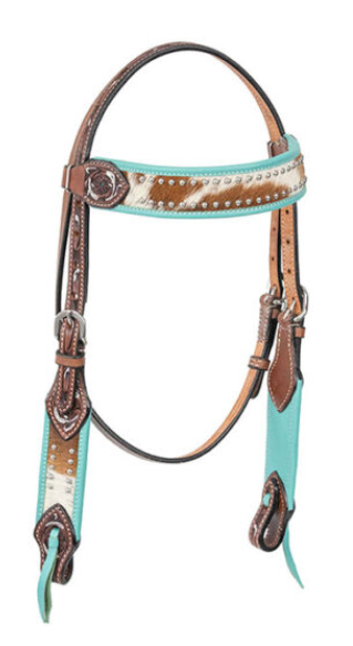 Buffalo Leather Pony Hair On Headstall Browband w/Turquoise Accents