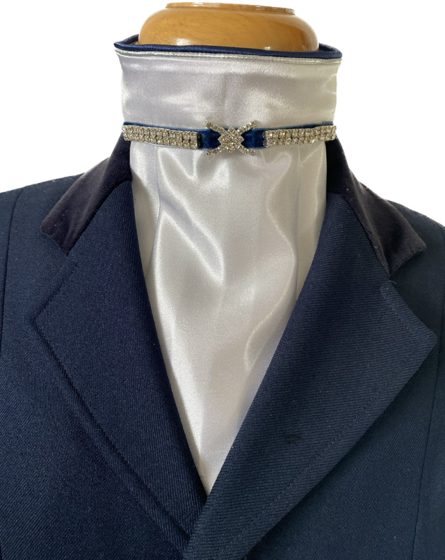 HHD The 'Christina' White Satin Dressage Euro Stock Navy With Crystals