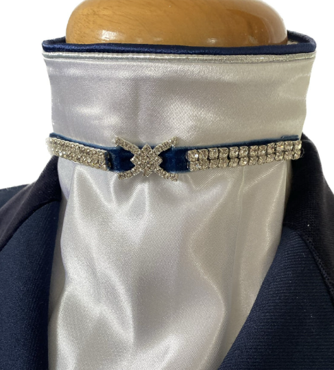 HHD The 'Christina' White Satin Dressage Euro Stock Navy With Crystals
