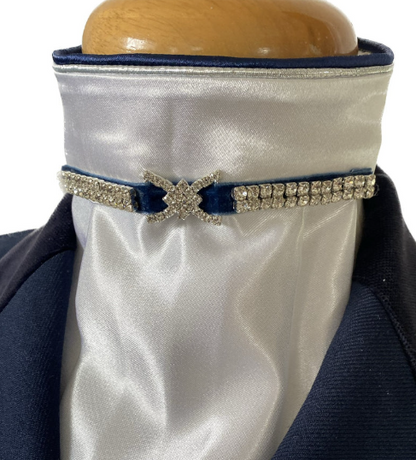 HHD The 'Christina' White Satin Dressage Euro Stock Navy With Crystals