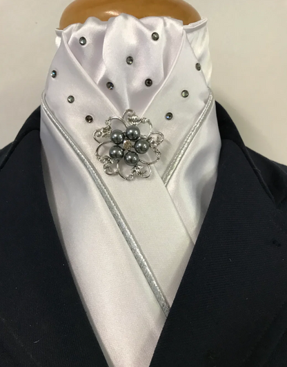 HHD White Satin Dressage Stock Tie ‘Black Diamond’ with Piping & Swarovski Elements