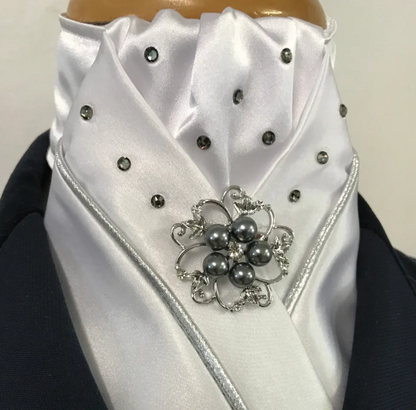 HHD White Satin Dressage Stock Tie ‘Black Diamond’ with Piping & Swarovski Elements
