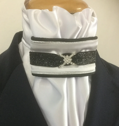HHD White Satin Dressage Euro Stock Tie ‘Ruby’ in Black & Silver