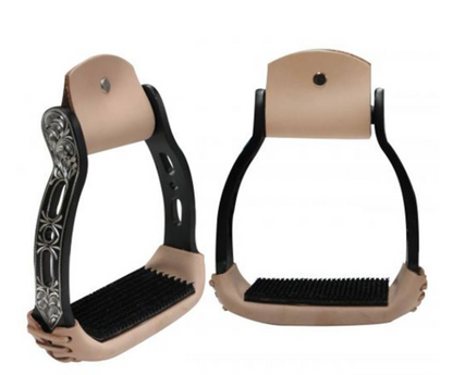 Showman Lightweight Black Aluminum Stirrups with Engravings and Cut Outs