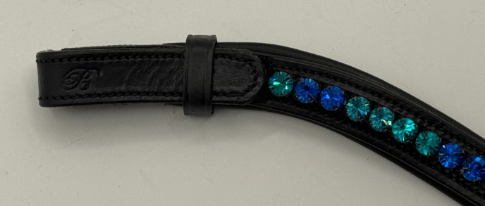 #201 Browband Seafoam Green & Ocean Blue Crystals on Black Leather
