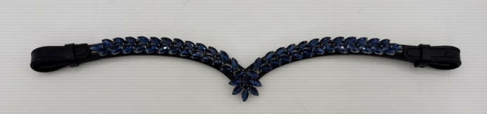 #146 "V"Shaped Black Leather Browband w/Blue Marquise Crystals Center Drop of Crystals