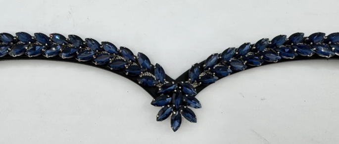 #146 "V"Shaped Black Leather Browband w/Blue Marquise Crystals Center Drop of Crystals