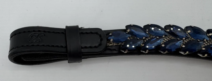 #146 "V"Shaped Black Leather Browband w/Blue Marquise Crystals Center Drop of Crystals