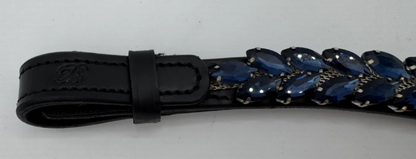 #146 "V"Shaped Black Leather Browband w/Blue Marquise Crystals Center Drop of Crystals