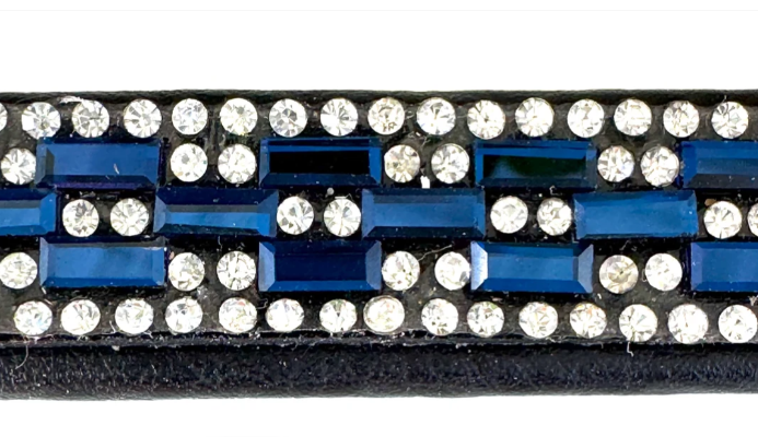 #104 Leather Browband w/5 rows of Crystals,3 rows in Blue & Clear Rectangle Pattern, Edged in Clear Crystals
