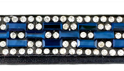 #104 Leather Browband w/5 rows of Crystals,3 rows in Blue & Clear Rectangle Pattern, Edged in Clear Crystals