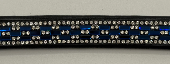 #104 Leather Browband w/5 rows of Crystals,3 rows in Blue & Clear Rectangle Pattern, Edged in Clear Crystals