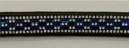 #104 Leather Browband w/5 rows of Crystals,3 rows in Blue & Clear Rectangle Pattern, Edged in Clear Crystals