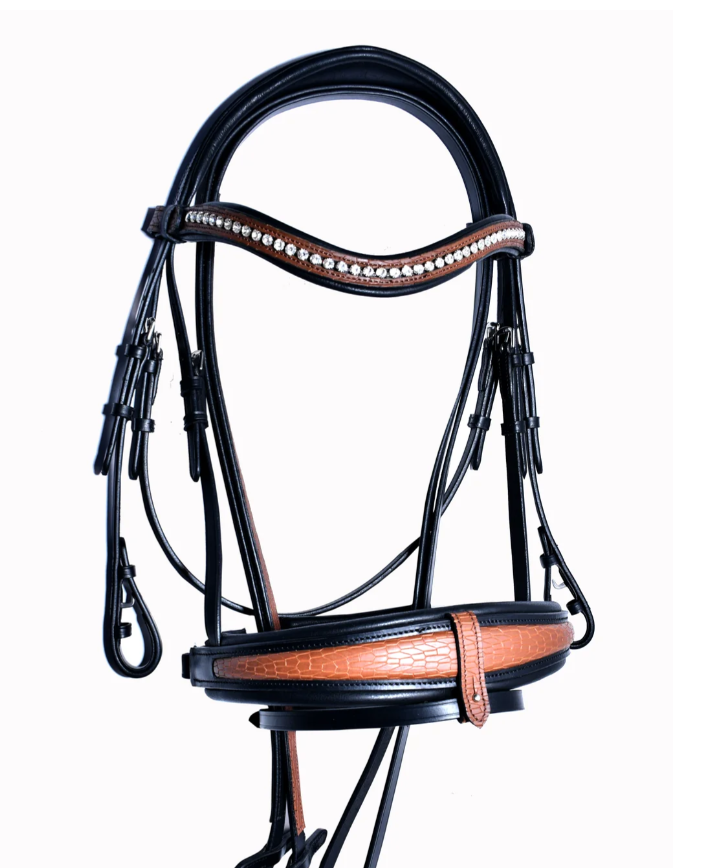 #52 Extra Padded Full Grain Leather Two Tone Textured Bridle w/ English Leather Reins