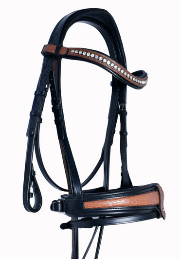 #52 Extra Padded Full Grain Leather Two Tone Textured Bridle w/ English Leather Reins