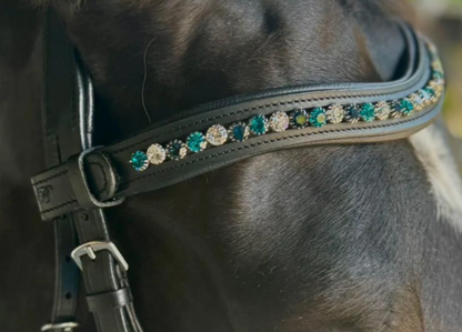 #120 Large Turquoise/Blue/Crystals in Curved Black Leather Browband