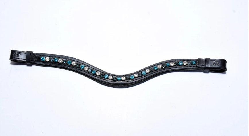 #120 Large Turquoise/Blue/Crystals in Curved Black Leather Browband