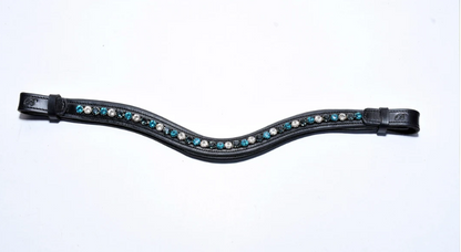 #120 Large Turquoise/Blue/Crystals in Curved Black Leather Browband
