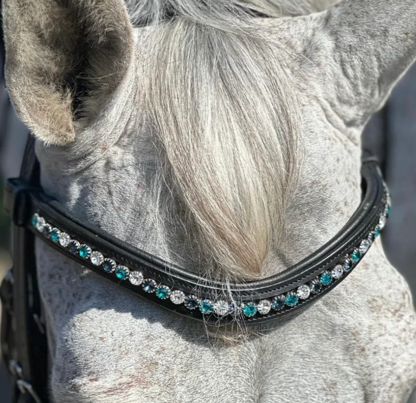 #120 Large Turquoise/Blue/Crystals in Curved Black Leather Browband