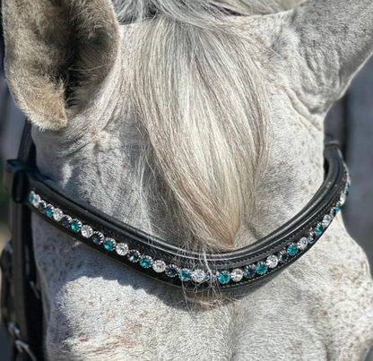 #120 Large Turquoise/Blue/Crystals in Curved Black Leather Browband