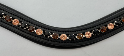 #144 Black Leather Browband w/ Peach/Amber/Brown Crystals