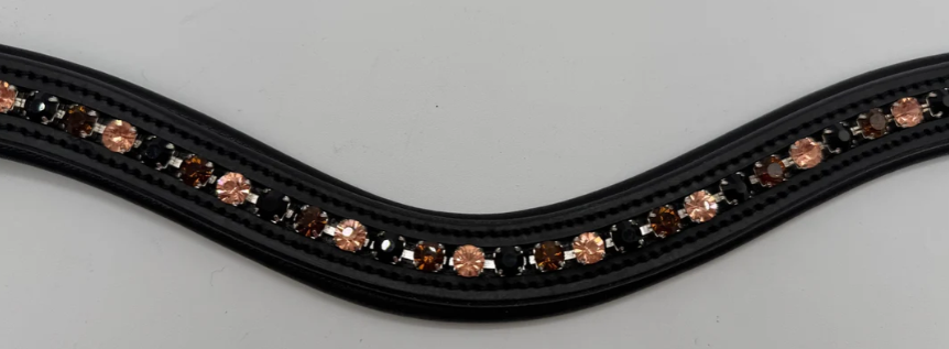 #144 Black Leather Browband w/ Peach/Amber/Brown Crystals