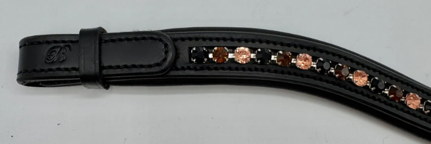 #144 Black Leather Browband w/ Peach/Amber/Brown Crystals