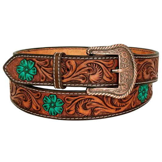 Turquoise Flower Hand Painted Cowhide Leather Adult Belt