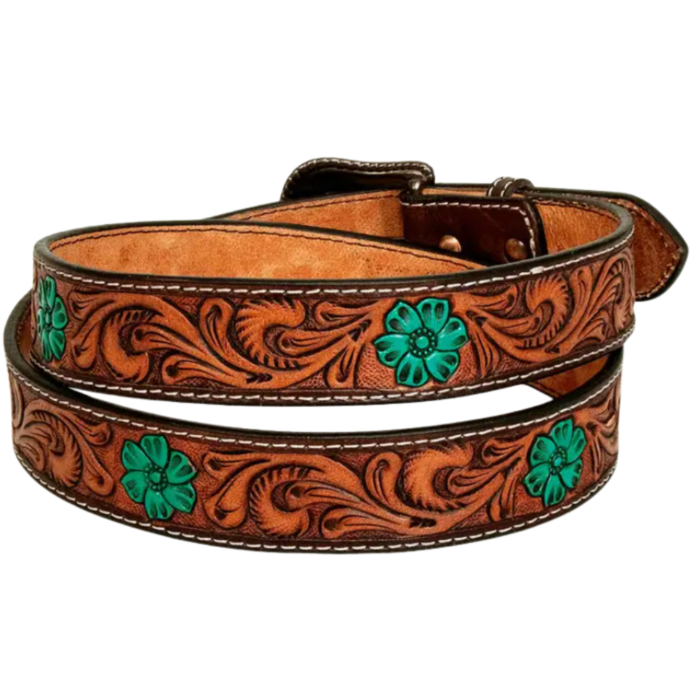 Turquoise Flower Hand Painted Cowhide Leather Adult Belt
