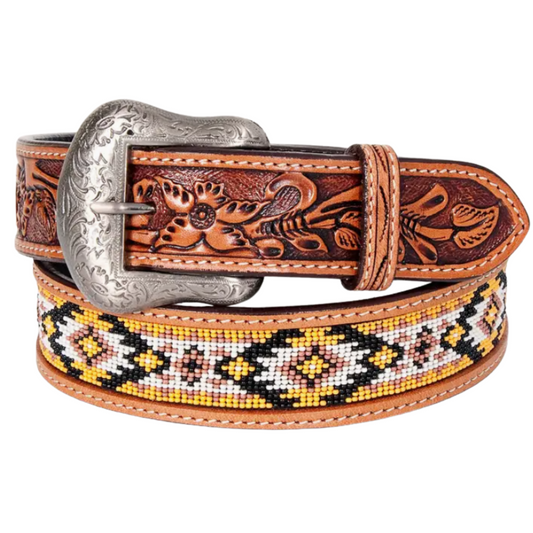 Natural Floral Beaded Designs Hand Carved Western Leather Adult Belt Tan