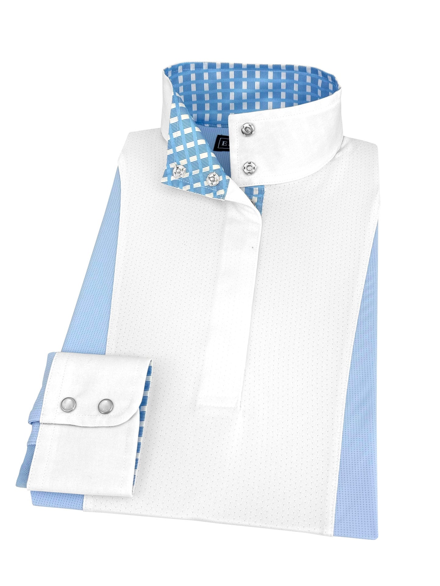 Essex Classics Girls "Luna II" Light Blue Long Sleeve Performance Show Shirt with Blue Checks Trim