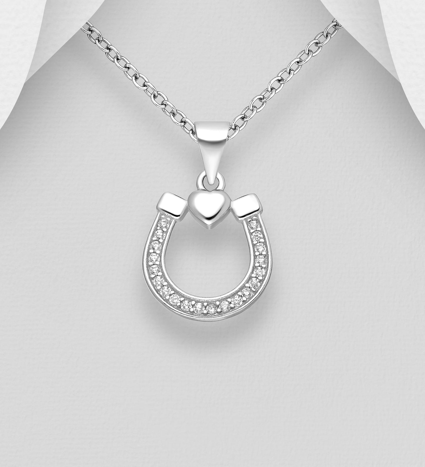 Sterling Silver Horseshoe and Heart Pendant, with CZ Simulated Diamonds