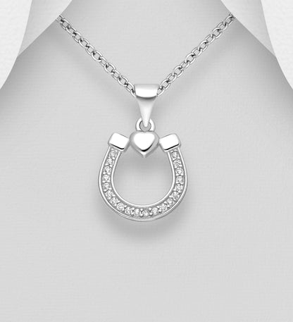 Sterling Silver Horseshoe and Heart Pendant, with CZ Simulated Diamonds