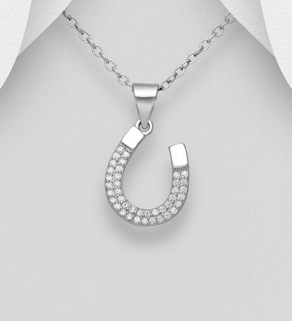 Sterling Silver Horseshoe Pendant, with CZ Simulated Diamonds