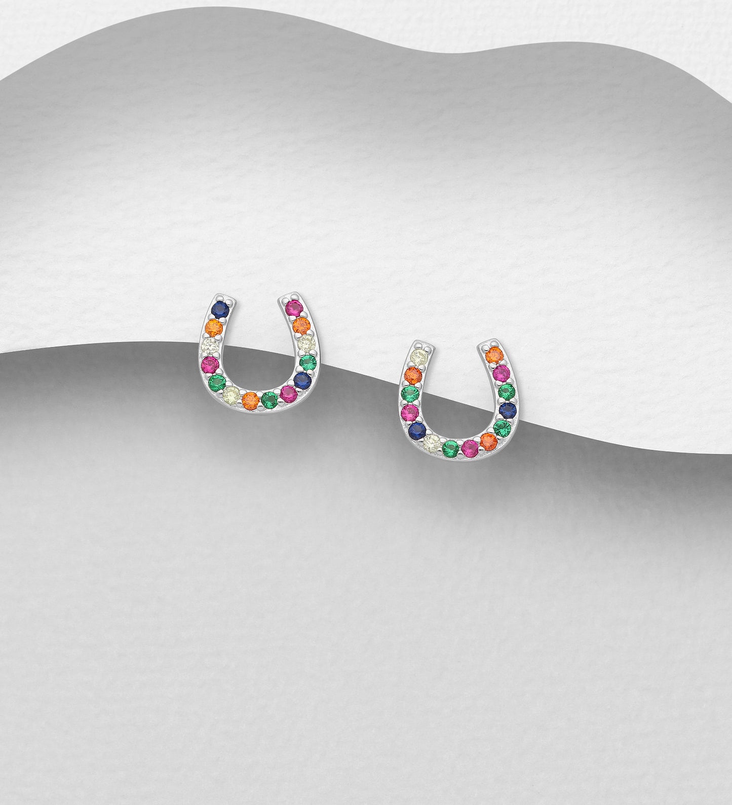 Sterling Silver Multi Colored Horseshoe Push-Back Earrings