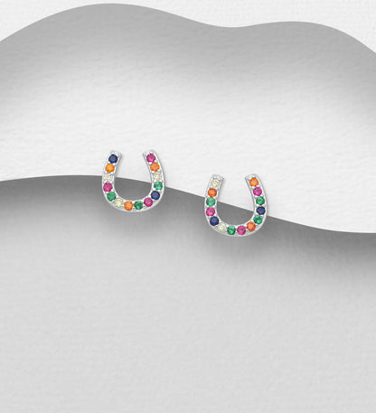Sterling Silver Multi Colored Horseshoe Push-Back Earrings