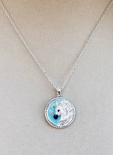 Arabian horse face Disk Necklace with Aqua