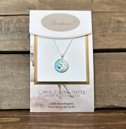 Arabian horse face Disk Necklace with Aqua